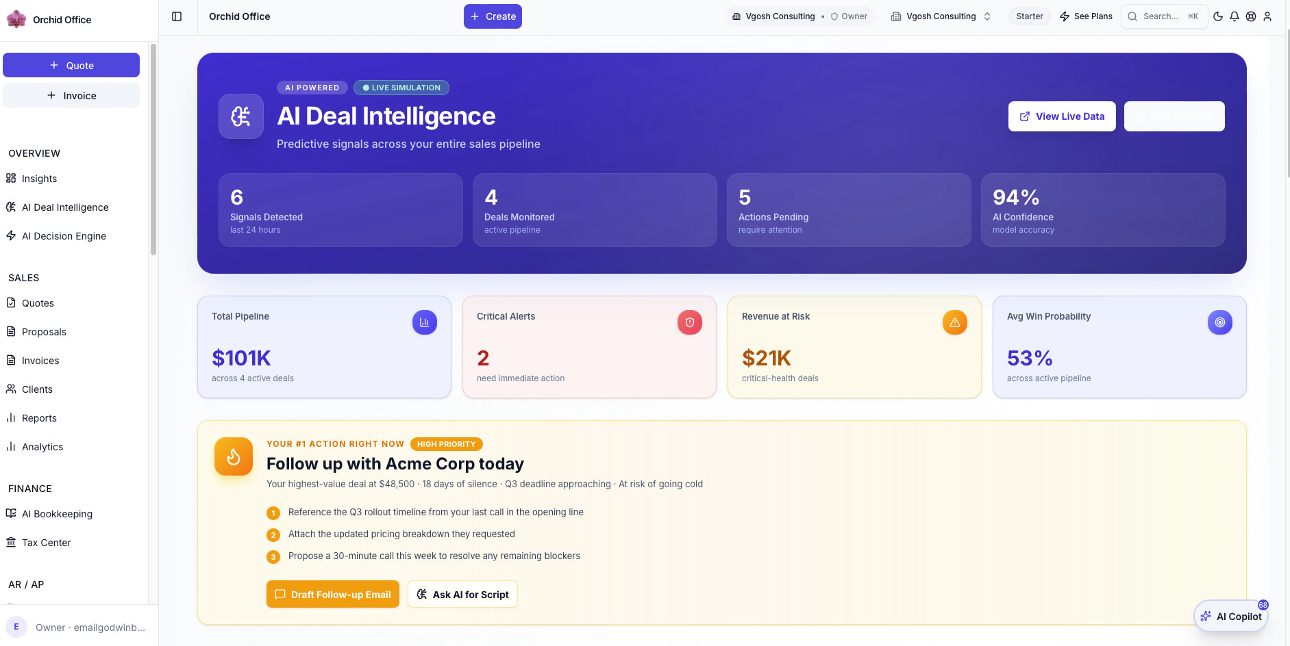 Orchid Office AI Deal Intelligence dashboard showing pipeline signals, deal monitoring, and AI-powered action recommendations